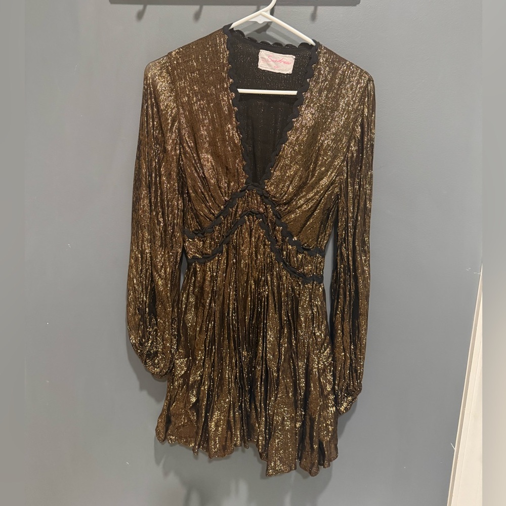 Sundress Metallic Bronze Long Sleeve V-Neck Dress with Black Trim Size XS
